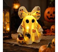 Lighted Vintage Patchwork Ghost, Light Up Ghost with Pumpkin Lantern, Vintage Patchwork Ghosts Lamps Fall Figurine Halloween Decorations for for Mantel Shelf Entryway Porch
