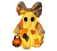 Lighted Vintage Patchworks Ghost, 7" LED Light Up Resin Ghost Figurine with Pumpkin Lantern, Vintage Patchworks Design Spooky Ghosts Halloween Decoration