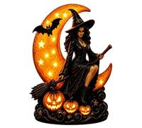 Lighted Witch on Crescent Moon Lamp, Resin Gothic Witch Statue Night Light with Pumpkins Tabletop, Broomstick & Light-Up with Star Cutouts, Halloween Decor Desktop Mantel