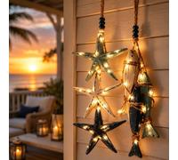 Lighted Wooden Fish & Starfish Wall Decor, Nautical Beach Wall Decors with Warm LED Lights, Coastal Nautical Hanging Decor for Bathroom, Porch & Beach House