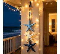 Lighted Wooden Fish & Starfish Wall Hanging Decor - Beachy Wall Decor with Warm LEDs, Coastal Nautical Hanging Decor for Home, Cafe, Restaurant, Bathroom, Porch & Beach House With lights，Starfish