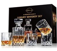 LIGHTEN LIFE 5 Piece Whiskey Decanter Set With 4 Glasses in Gift Box - Non-Lead Crystal for Bourbon, Scotch - Perfect for Men, Dad, Husband