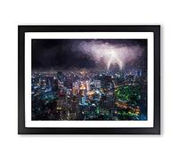 Lightening Over Bangkok City In Abstract Modern Art Framed Wall Art Print, Ready to Hang Picture for Living Room Bedroom Home Office Décor, Black A4 (34 x 25 cm)