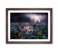 Lightening Over Bangkok City In Abstract Modern Art Framed Wall Art Print, Ready to Hang Picture for Living Room Bedroom Home Office Décor, Walnut A4 (34 x 25 cm)