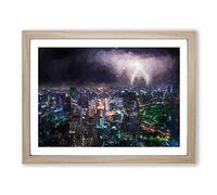Lightening Over Bangkok City In Abstract Modern Art Framed Wall Art Print, Ready to Hang Picture for Living Room Bedroom Home Office Décor, Oak A4 (34 x 25 cm)