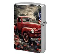 Lighter Case Windproof Metal 4th of July Patriotic Old Red Truck Lighter Pouch Pocket Lighters Sleeve Protector Double-Sided Reusable Protective Kerosene Lighters Cover Gift for Smoker