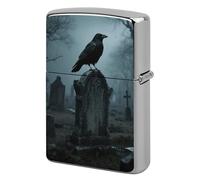 Lighter Case Windproof Metal Black Crow on Tombstone Lighter Pouch Pocket Lighters Sleeve Protector Double-Sided Reusable Protective Kerosene Lighters Cover Gift for Smoker