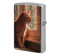 Lighter Case Windproof Metal Cat Sitting on Windowsill Lighter Pouch Pocket Lighters Sleeve Protector Double-Sided Reusable Protective Kerosene Lighters Cover Gift for Smoker