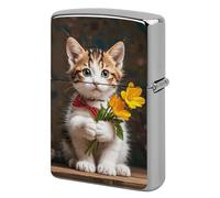 Lighter Case Windproof Metal Kitten Hugging A Flower Lighter Pouch Pocket Lighters Sleeve Protector Double-Sided Reusable Protective Kerosene Lighters Cover Gift for Smoker