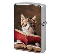 Lighter Case Windproof Metal Kitten Reading A Book Lighter Pouch Pocket Lighters Sleeve Protector Double-Sided Reusable Protective Kerosene Lighters Cover Gift for Smoker