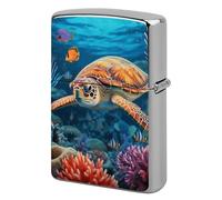 Lighter Case Windproof Metal Ocean Sea Turtle Lighter Pouch Pocket Lighters Sleeve Protector Double-Sided Reusable Protective Kerosene Lighters Cover Gift for Smoker