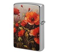 Lighter Case Windproof Metal Oil Painting Red Flower Lighter Pouch Pocket Lighters Sleeve Protector Double-Sided Reusable Protective Kerosene Lighters Cover Gift for Smoker