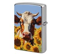 Lighter Case Windproof Metal Painting Sunflower Cow Lighter Pouch Pocket Lighters Sleeve Protector Double-Sided Reusable Protective Kerosene Lighters Cover Gift for Smoker