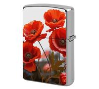 Lighter Case Windproof Metal Poppy Flowers Vivid Petals Lighter Pouch Pocket Lighters Sleeve Protector Double-Sided Reusable Protective Kerosene Lighters Cover Gift for Smoker