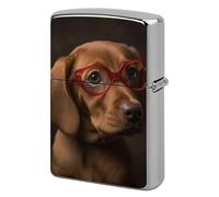 Lighter Case Windproof Metal Puppy Wearing Glasses Lighter Pouch Pocket Lighters Sleeve Protector Double-Sided Reusable Protective Kerosene Lighters Cover Gift for Smoker