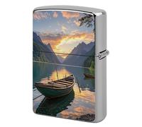 Lighter Case Windproof Metal River Sunset Boat Lighter Pouch Pocket Lighters Sleeve Protector Double-Sided Reusable Protective Kerosene Lighters Cover Gift for Smoker