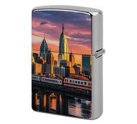 Lighter Case Windproof Metal Sunset Bridge Skyscraper Lighter Pouch Pocket Lighters Sleeve Protector Double-Sided Reusable Protective Kerosene Lighters Cover Gift for Smoker