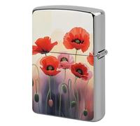 Lighter Case Windproof Metal Watercolor Red Poppy Flowers Lighter Pouch Pocket Lighters Sleeve Protector Double-Sided Reusable Protective Kerosene Lighters Cover Gift for Smoker