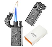 Lighter, Relief Dragon Dual Flame Torch Lighter, Windproof Adjustable Jet Flame and Soft Flame, Refillable Butane Lighter for Candle, BBQ, Kitchen, Camping(Gas not Included) (Black Ice)