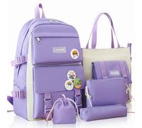 Lighterday Girls Backpack Set,5 Pack Kids Backpack,School Bags for Girls in Various Styles,Cute Backpack,Children's Backpacks with Cute Decorations(Canvas backpack, purple)