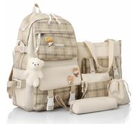 Lighterday Girls Backpack Set,5 Pack Kids Backpack,School Bags for Girls in Various Styles,Cute Backpack,Children's Backpacks with Cute Decorations(Japanese backpack, khaki)