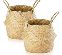 Lighterday Seagrass Storage Basket With Handle - Wicker Planter, Foldable Toy Laundry Belly Basket for Shelves, Round (XL 36×32cm) 2pcs