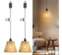 Lightess 2 Pack Battery Powered Outdoor Lights with Remote Control,Dimmable Outdoor Hanging Lights Outdoor Chandelier IP65,Handmade Boho Rattan Lampshade Portable for Gardens,Patios,Dining Tables