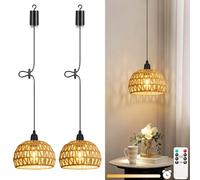 Lightess 2 Pack Outdoor Lights Battery Powered with Remote Control,Dimmable Outdoor Hanging Lights Battery Pendant Light IP65,Handmade Boho Rattan Lampshade Portable for Gazebo,Garden,Shed,Bedrooms