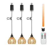 Lightess 3 Hanging Lights Battery Operated Pendant Ceiling Light Indoor Outdoor Chandelier Dimmable Battery Operated Light Bulb Portable Rattan Lamp IP44 with Remote Control Timer for Porch Backyard