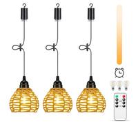 Lightess 3 Hanging Lights Battery Operated Pendant Ceiling Light Outdoor Chandelier Indoor Dimmable Battery Operated Light Bulb Portable Rattan Lamp IP44 with Remote Control Timer for Porch Backyard