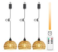 Lightess 3 Pack Outdoor Lights Battery Powered with Remote Control,Dimmable Outdoor Hanging Lights Battery Pendant Light IP65,Handmade Boho Rattan Lampshade Portable for Gazebo,Garden,Shed,Bedrooms