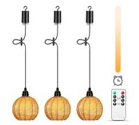 Lightess 3 Pcs Battery Operated Pendant Ceiling Light Indoor Outdoor Hanging Chandelier Dimmable Battery Operated Light Bulb Portable Rattan Lamp IP44 with Remote Control Timer for Porch Backyard