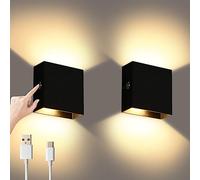 Lightess Battery Wall Lights Dimmable, 2Pcs Rechargeable Wall Light Touch Up Down Wireless Wall Lights, 5000 mAh USB Wall Lamp Sconce Black for Bedroom, Living Room, Bedside, Warm White