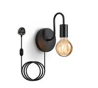 Lightess Plug in Wall Light Dimmable with Switch Black Retro Industrial E27 | Wall Sconce with Cable, Stepless Dimming, Black Metal Base, Bedroom Bedside Living Room, E27 Socket No Bulb
