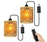 Lightess Rattan Pendant Lights, Battery Operated Chandelier Indoor Outdoor Hanging Lights,Dimmable Battery Powered Portable Rattan Boho Lampshade IP44 with Remote Control Timer for Garden Balcony