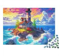 Lighthouse 1000 Piece Adults & Family Jigsaw Puzzle Lighthouse Island with Waves And Sunset Sky Premium Thick Sturdy Vibrant Challenging 70x50cm/1000pcs