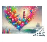 Lighthouse 1000 Piece Hard Puzzle for Adults Heart-shaped Lighthouse with Sea And Flowers Premium Thick Sturdy Vibrant Stress Relief Game 52x38cm/1000pcs