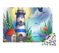 Lighthouse 1000 Piece Jigsaw Puzzle for Adults Blue-white Lighthouse with Seagulls And Flowers Challenging Hard Premium Thick Sturdy Vibrant Stress Relief Family Game 70x50cm/1000pcs