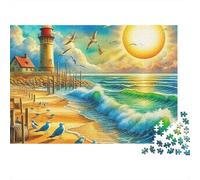 Lighthouse 1000-Piece Jigsaw Puzzle for Adults Lighthouse on Beach with Seagulls And Sunset Sun Premium Thick Sturdy Vibrant Challenging Family Game 38x26cm/1000pcs