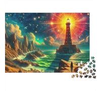 Lighthouse 1000 Piece Jigsaw Puzzle for Adults Lighthouse on Rocky Cliff Under Starry Night Sky Hard Premium Thick Sturdy Vibrant Challenging Stress Relief 70x50cm/1000pcs