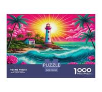 Lighthouse 1000 Pieces Jigsaw Puzzle Lighthouse by Ocean with Bright Sun & Pink Blooms for Adults Kids Recycled Paper Fun Present & Activity for Home 70x50cm/1000pcs