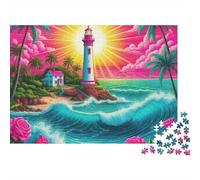 Lighthouse 1000pc Jigsaw Puzzle Adults Lighthouse with Palm Trees And Pink Sunset Premium Thick Sturdy Vibrant Challenging Stress Relief Gift 70x50cm/1000pcs