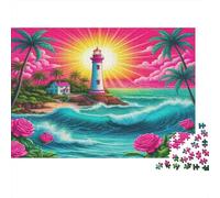 Lighthouse Adult Jigsaws Lighthouse by Ocean with Bright Sun & Pink Blooms 1000 Pieces Historic River Tour Quaint Church Recycled Paper Impossible Hard Difficult 38x26cm/1000pcs