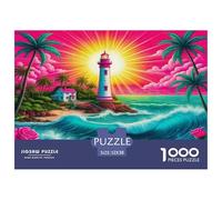 Lighthouse Adult Jigsaws Lighthouse by Ocean with Bright Sun & Pink Blooms 1000Pc - Colourful Impossible Hard Difficult Challenging Educational Game Decompression 52x38cm/1000pcs