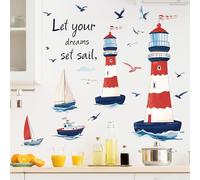 Lighthouse and Sailing Boat Wall Stickers with Seagulls and Inspirational Quote Let Your Dreams Set Sail Cartoon Style Wall Art Decals Self-Adhesive Vinyl Wallpaper for Kids Bedroom Living Room