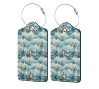 Lighthouse and Ship at Sea Stainless Steel Ring Leather Luggage Tags for Suitcases 2 Pcs
