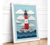 Lighthouse and Shore Coastal Framed Wall Art Print A2 (59.4×42cm) White, Wall Decor for Living Room, Bedroom, Office & Home, Ready to Hang, Art Gift