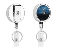Lighthouse at Night Badge Holder Metal Heavy Duty Retractable Badge Holder Retractable Keychain with Belt Clip Key Ring Tactical ID Badge Reel Key Chain