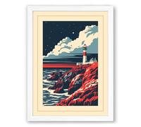 Lighthouse at Night Japandi Framed Wall Art Print A4 (29.7×21cm) White, Wall Decor for Living Room, Bedroom, Office & Home, Ready to Hang, Art Gift