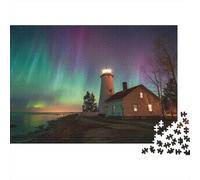 Lighthouse at Night Shining with Northern Lights Jigsaw Puzzles. 1000pcs (75x50cm) Whimsical Challenge Toy for Educational Games Gifts